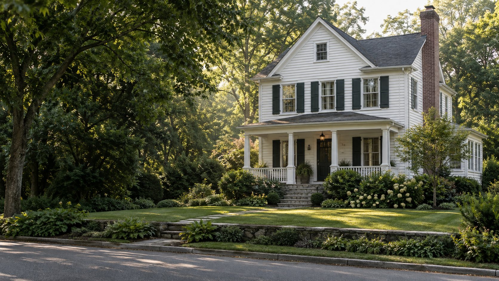 Illustrative home framed by mature trees